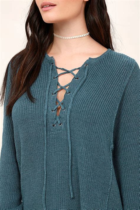 Cute Slate Blue Sweater Lace Up Sweater Knit Sweater 5400