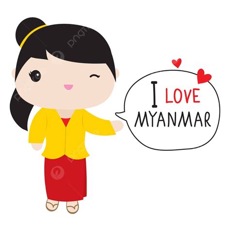 Cartoon Vector Illustration Of Myanmar Nationals Adorned In Traditional