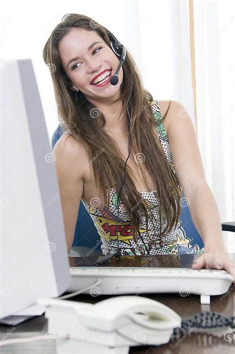 Woman Secretary Talking With Headset And Laughing Stock Image Image