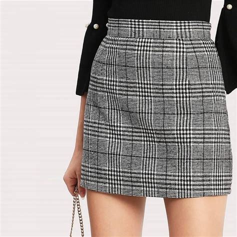 Grey Classic Wales Check Zip Back Skirt Women 2019 Spring Elegant Mini