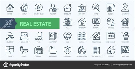 Real Estate Minimal Thin Line Web Icon Set Included Icons Stock Vector