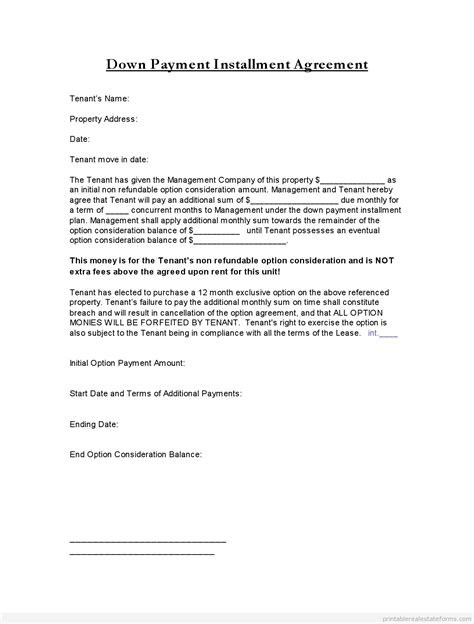 Down Payment Installment Agreement Free Printable Pdf