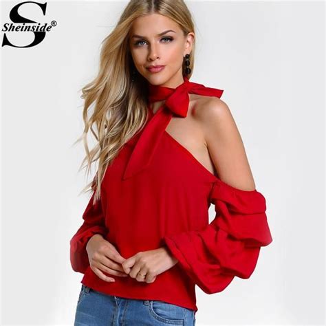 sheinside red self tie choker tops asymmetric one shoulder women summer sweet layered blouse