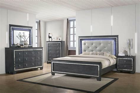 Contemporary Style Queen Size 4pc Set Grey Finish Led Backlit Bedroom Furniture Bed Dresser