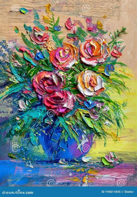 Wood Framed Oil Painting Of A Colorful Bouquet Of Flowers In A Vase