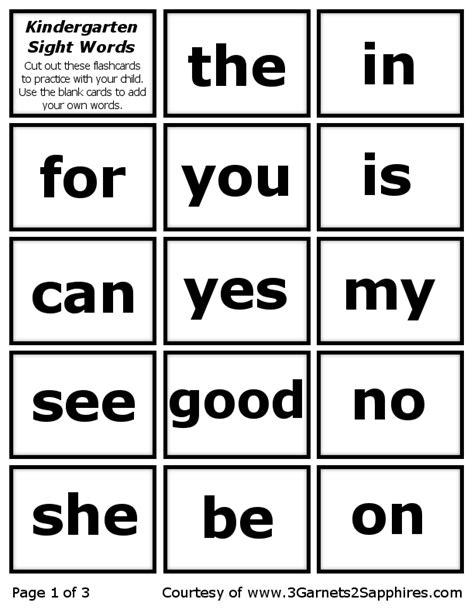 Free Kindergarten Sight Words Flash Cards Printable With Pic
