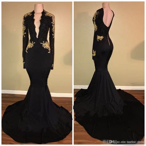2018 Elegant Black Gold Applique Evening Dresses Mermiad Long Sleeves Sexy Deep V Neck Low Back