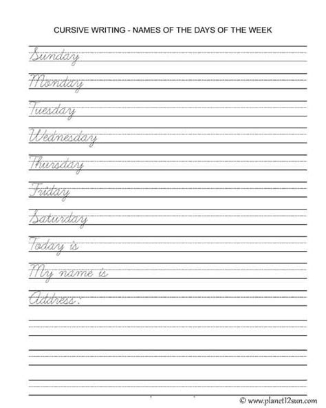 Handwriting and creative writing printable materials to learn and practice writing for preschool, kindergarten and days of the week handwriting worksheets the very hungry caterpillar theme. Free printable PDF. Cursive writing. Names of the days of the week. | Learning cursive, Cursive ...