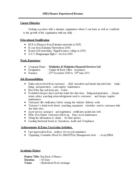 Resume Format For Mba Finance Experienced Templates At