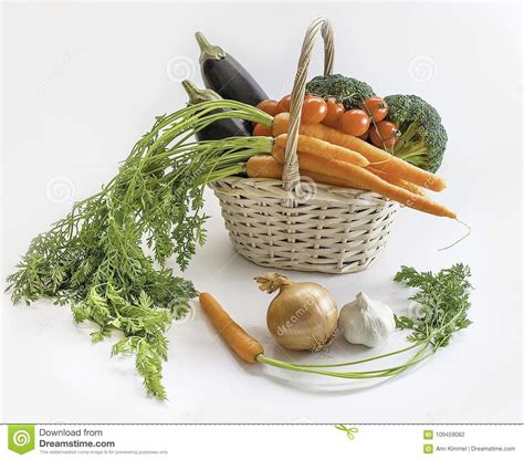 Fresh Vegetables In A Basket Aubergines Carrots Broccoli And Stock