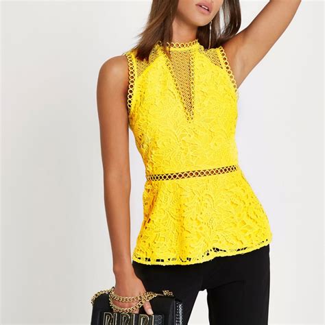 Yellow Lace Sleeveless Peplum Top Blouses Tops Women