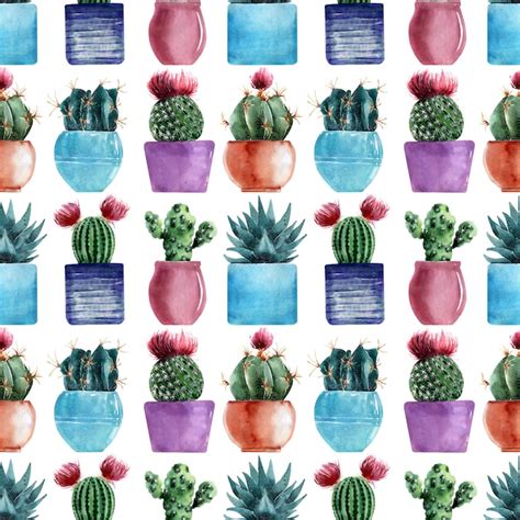 Premium Photo Watercolor Seamless Patterns With Different Types Of Cacti