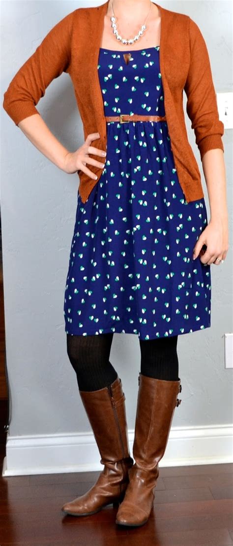 outfit post navy heart dress rust cardigan brown riding boots outfit posts