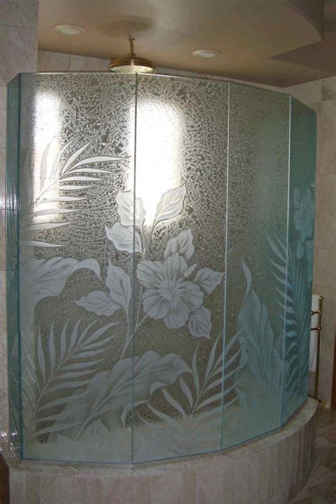 Etched Glass Shower Door With Flowers Decorative Etched Glass Shower