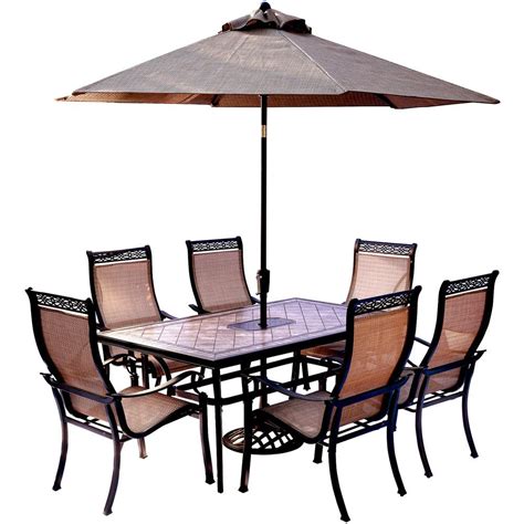 Welcome to our outdoor furniture department where we showcase an unrivalled selection of outdoor tables, chairs and outdoor furniture for cafes, restaurants and bistros. Hanover 7-Piece Outdoor Dining Set with Rectangular Tile ...