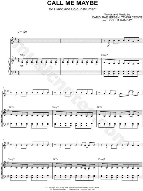 Carly Rae Jepsen Call Me Maybe Piano Accompaniment Sheet Music In G
