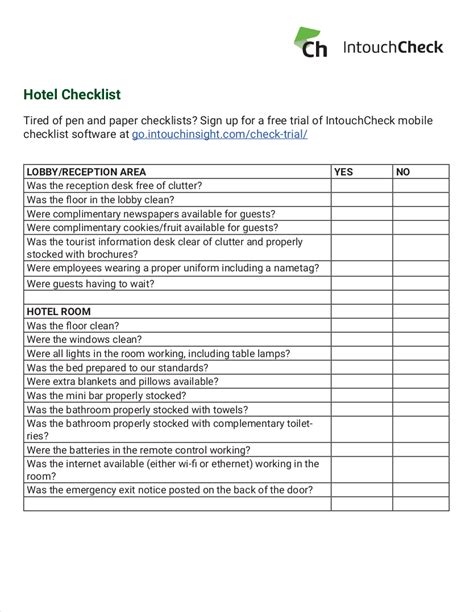 Printable Hotel Room Inventory Checklist