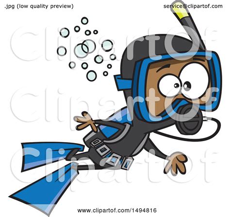 Clipart Of A Cartoon African American Boy Scuba Diving Royalty Free