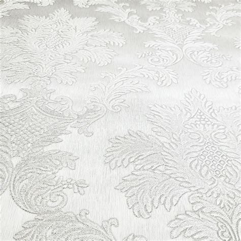 White Textured Victorian Damask Wallpaper Faux Silk Fabric Etsy