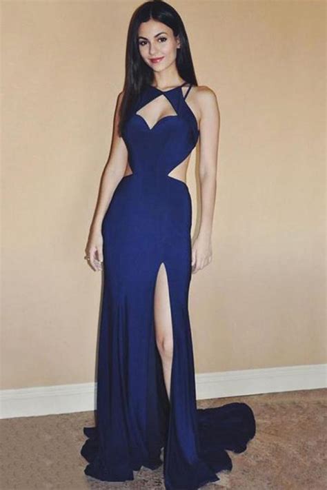 Buy Sexy Royal Blue Chiffon Sleeveless Sweetheart Open Back Split Front Long Prom Dresses Js226