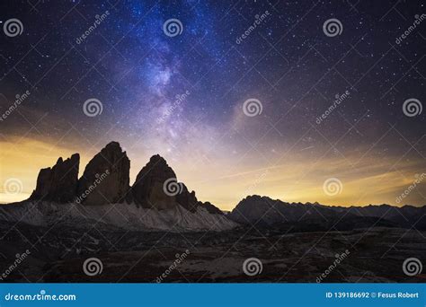 Tre Cime Dolomites And A Beautiful Milky Way Stock Photo Image Of