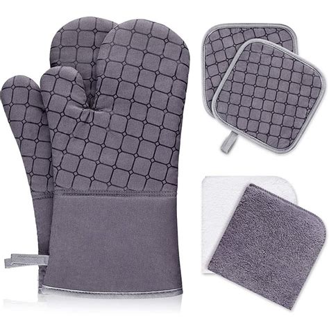 Oven Mitts Pot Holders Sets 500℉ Heat Resistant Silicone Roaster Gloves Soft Cotton Terry