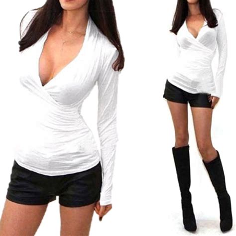 Sexy V Neck Low Cut Wrap Criss Cross Long Sleeve Slim Fit Tee Shirt Tops Blouse Ebay
