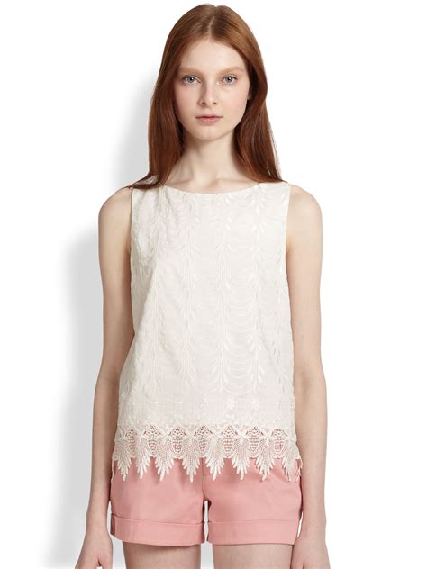 Alice Olivia Anya Silk Lace Trimmed Embroidered Top In Natural Lyst