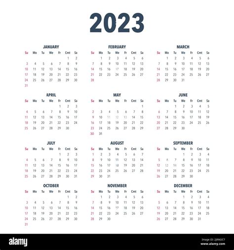 Calendar Year 2023 Vector Illustration Template In Black And White