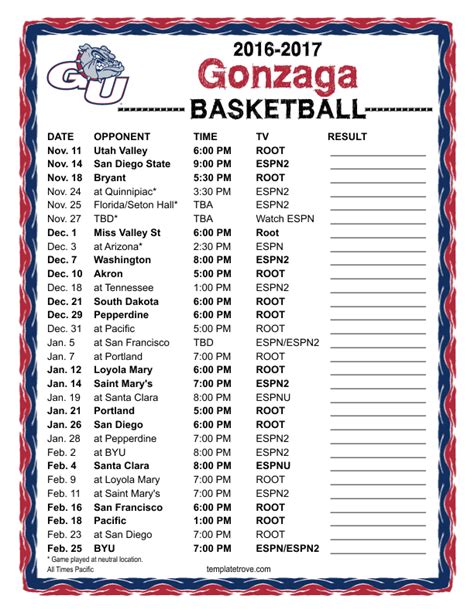 Printable 2016 2017 Gonzaga Bulldogs Basketball Schedule