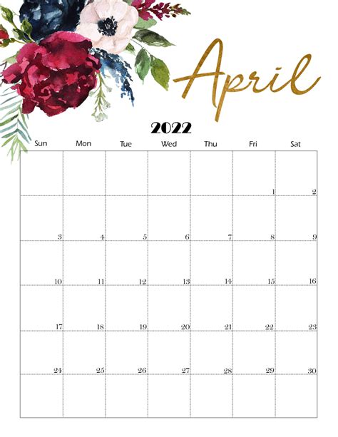 April 2022 Calendar Dates Calendar Template 2022