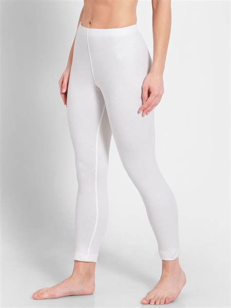 Off White Thermal Leggings With Concealed Elastic Waistband For Women