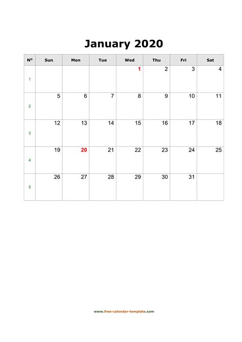 January 2020 Calendar Printable With Lines