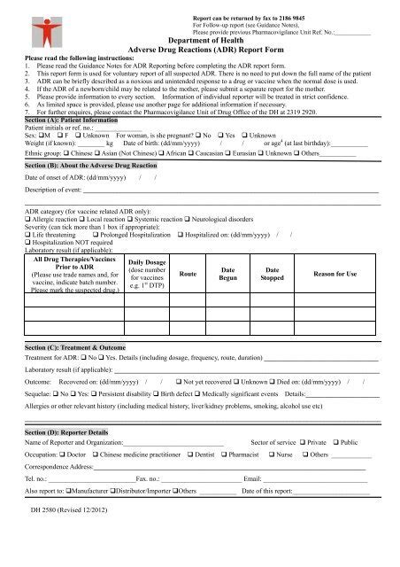 Department Of Health Adverse Drug Reactions Adr Report Form