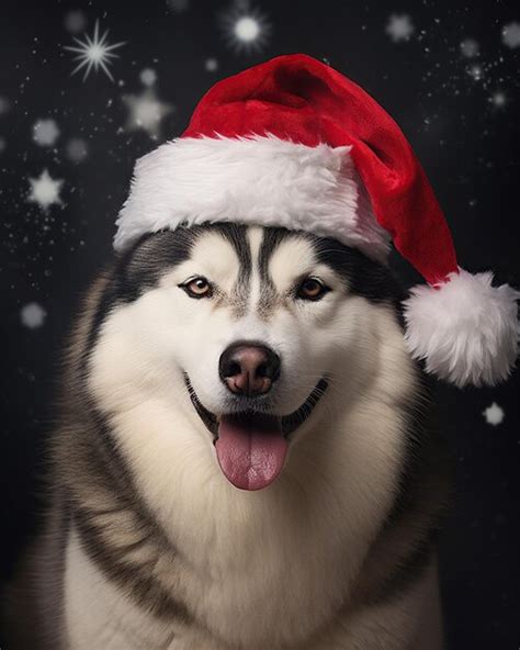 Premium Photo Siberian Husky With Santa Hat On Black Background