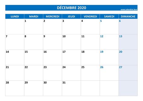 Calendrier Décembre 2020 à consulter ou imprimer Calendrier best