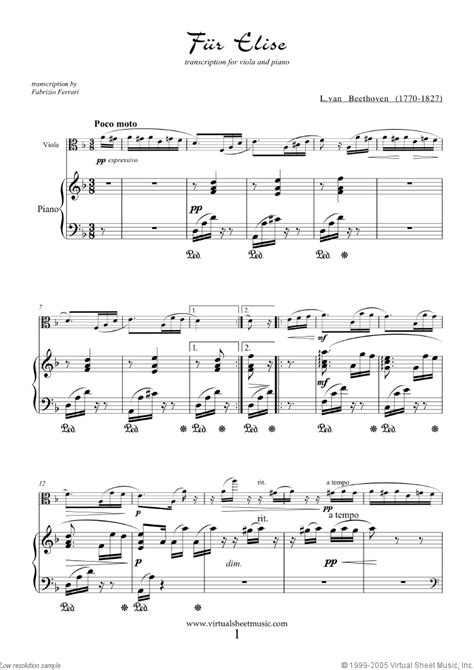 This is the free fur elise (for elise) sheet music first page. Beethoven - Fur Elise sheet music for viola and piano PDF