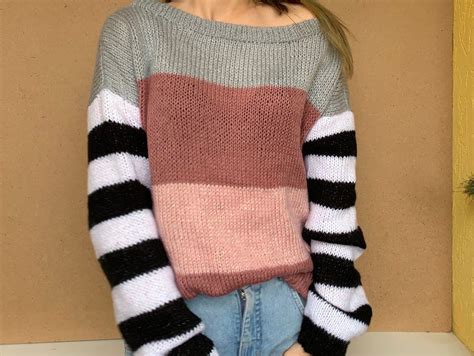Striped Arm Knit Sweater Hand Knit Color Set Women Sweater Etsy