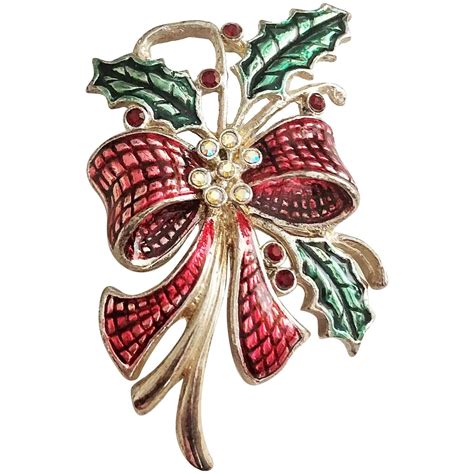 christmas red bow with holly pin brooch with sparkling rhinestones fabulous christmas all