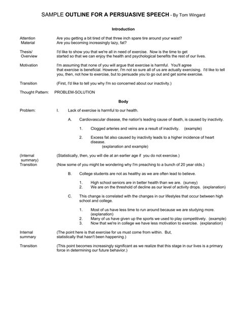 Persuasive speech outline follows the structure of an argumentative essay. SAMPLE OUTLINE FOR A PERSUASIVE SPEECH