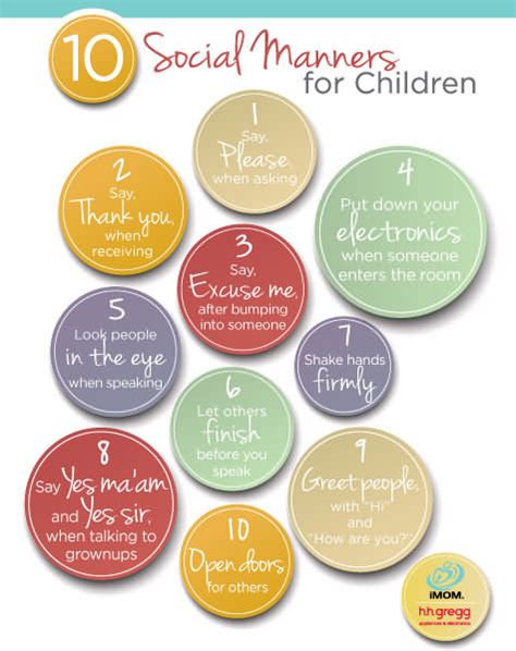 Good manners are a basic code of conduct that teaches a child the right way to behave in a social environment. 10 Social Manners for Kids - iMom