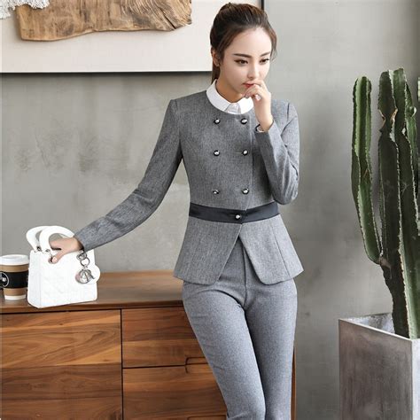 Novelty Grey Formal Uniforms Blazers Women Business Suits With Pants