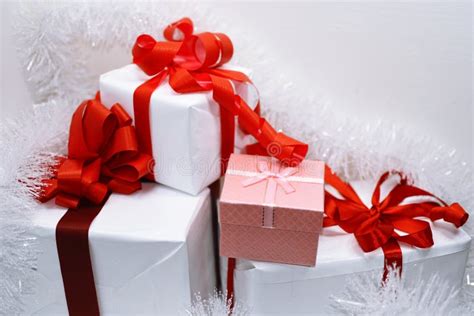 White Presents With Red Ribbons Stock Photo Image Of Expensive Idea