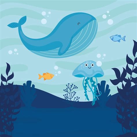 Premium Vector Underwater World With Whale Seascape Scene Illustration