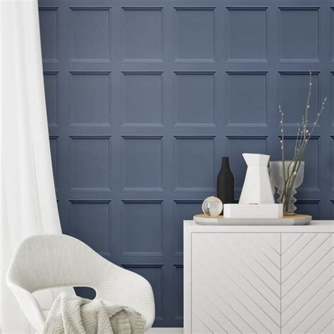 Classic Wood Panel Wallpaper In Blue Feature Wall Living Room Blue