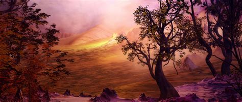 Download Wallpaper 2560x1080 Tree Art Landscape Hills