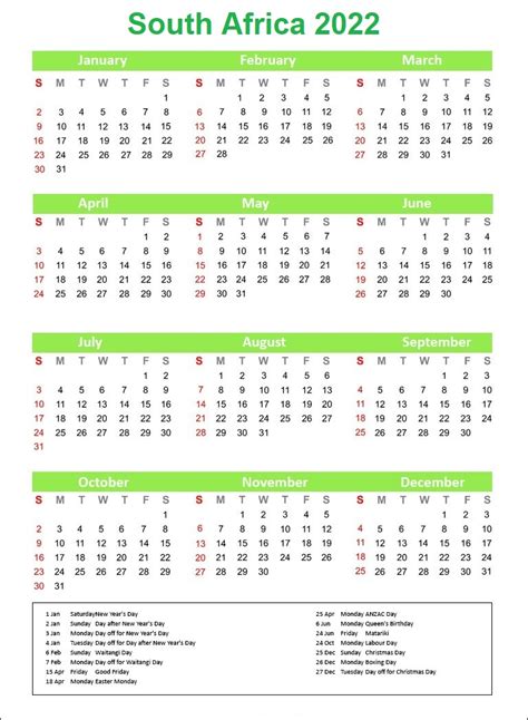 South Africa 2022 Calendar With Holidays Calendar Dream