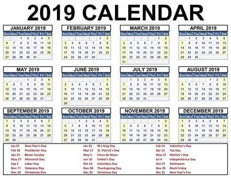 2019 Calendar Holidays Usa India Uk Canada Australia