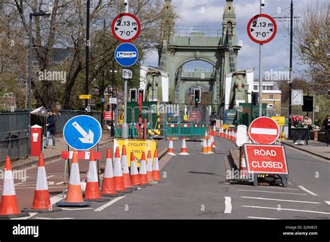 Cones And Barriers Block The Southern End Of Hammersmith Bridge Closed