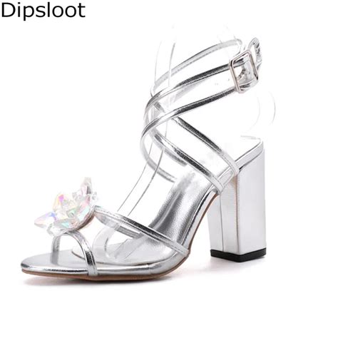 sexy bling crystal flower open toe pvc silver leather patchework sandals chunky heel women